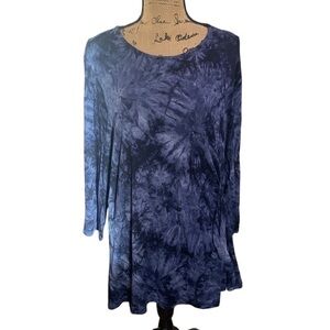 Blue Tie Dye Long Sleeve Tie Front Tunic Blouse